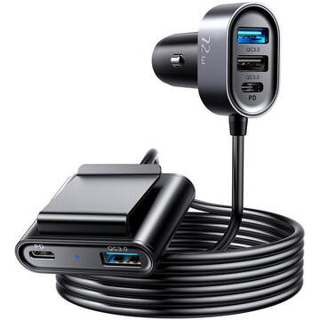 Incarcator Auto Joyroom 2XPd Usb-c, 3 X Qc Usb 3.0, 75w, 1.5m Lungime, Negru - Jr-cl05 foto