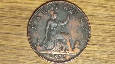 Marea Britanie - moneda de colectie rara - 1 farthing 1875 H / Heaton - Victoria - impecabila !