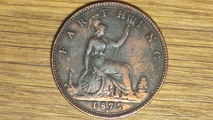 Marea Britanie - moneda de colectie rara - 1 farthing 1875 H / Heaton - Victoria - impecabila !
