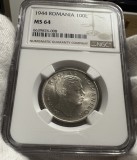 100 Lei 1944 Romania, NGC MS64, pavilion ureche neted
