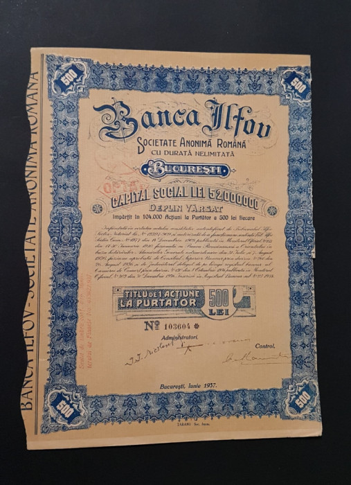 Actiune 1937 Banca ILFOV / titlu / actiuni