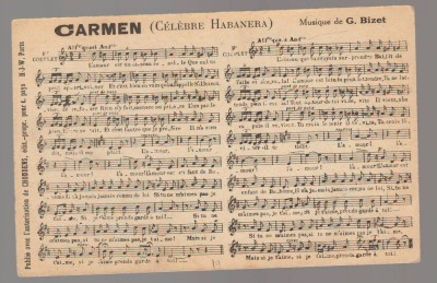 CPIB 23861 CARTE POSTALA - PARTITURA MUZICALA - &amp;quot;CARMEN (CELEBRE HABANERA)&amp;quot;, NECIRCULATA, PARIS foto