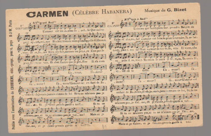 CPIB 23861 CARTE POSTALA - PARTITURA MUZICALA - &quot;CARMEN (CELEBRE HABANERA)&quot;, NECIRCULATA, PARIS