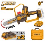 Fierastrau Electric de Mana 20V 20cm (8") Brushless INGCO CGSLI20882E, viteza lant 11 m/s, ungere automata, 2 acumulatori 2Ah + incarcator + cutie tra