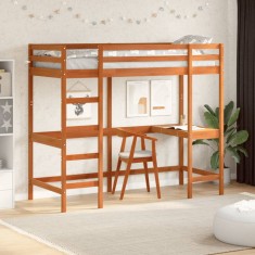 Cadru pat supraetajat cu birou, maro, 75x190 cm, lemn masiv pin