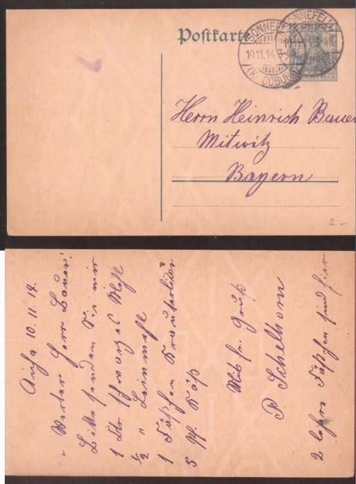 Germany 1914 Postal History Rare Old postcard postal stationery Sonnefeld D.466