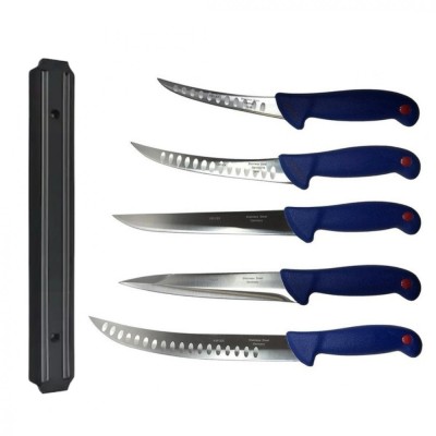 Pachet profesional pentru macelarie, dezosat, injunghiat, transat, filetat, 5 cutite, suport magnetic foto