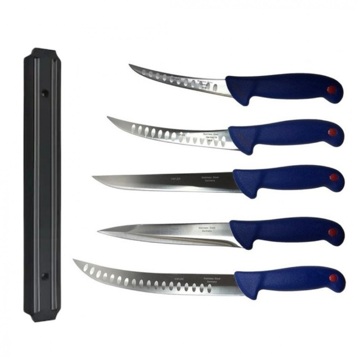 Pachet profesional pentru macelarie, dezosat, injunghiat, transat, filetat, 5 cutite, suport magnetic