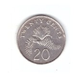 Moneda Singapore 20 cents 1991, stare foarte buna, curata, Asia, Cupru-Nichel