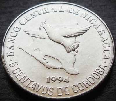 Moneda exotica 5 CENTAVOS de CORDOBA - NICARAGUA, anul 1994 * cod 26 = A.UNC foto