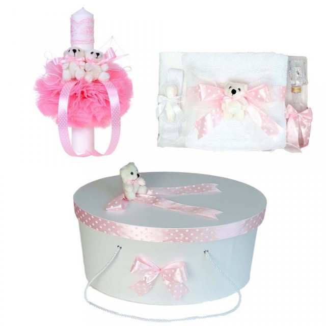 Set trusou botez, cutie trusou si lumanare, Ursulet, fundita roz, Denikos&reg; 15