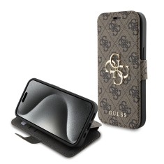 Husa tip carte iPhone 15 Guess Book 4G, maro, GUBKP15S4GMGBR foto
