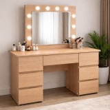 Masa de toaleta/machiaj, Vanessa, stejar, cu oglinda si LED-uri, 130x43x143 cm