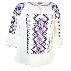 Ie Traditionala Alba cu Motiv Geometric Mov de Dama - IMS14