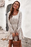 Rochie Midi Casual cu Print Floral, Elastic in Talie, Maneci Lungi, Volane, Alb Crem. Rochie de zi eleganta