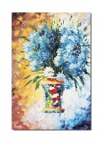 Tablou pictat manual hol, living, dormitor, Vaza cu albastrele, 60x40cm ulei pe panza in cutit efect 3D