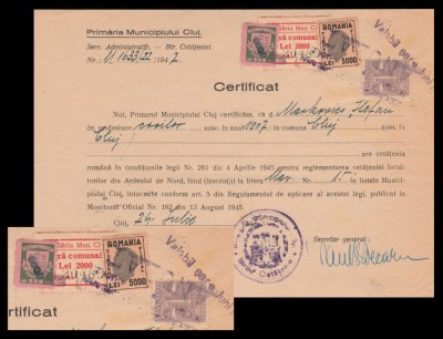 1947 Romania, Fiscale inflatie 60000 taxa locala + Reconstructia Cluj supratipar foto