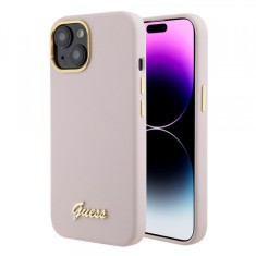 Husa pentru Apple iPhone 15, Guess, Script Metal Logo &amp; Frame, Roz Deschis