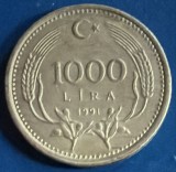 TURCIA 1000 LIRE 1991/NICKEL-BRONZ/ 8 g./ 25,6mm. / SE VINDE MONEDA DIN POZE