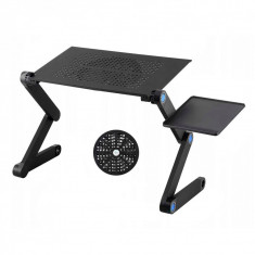 Masuta din aluminiu pentru laptop, cooler incorporat, picioare pliabile si unghi reglabil, cu suport lateral pentru mouse, Culoare Negru foto