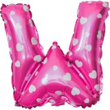Balon folie metalizata litera w, flippy, 40 cm, cu imprimeu inimioare, umflati cu heliu sau aer, ambalaj individual, pai inclus, roz