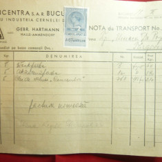 Nota de transport cu Antet Concentra Bucuresti 1937 - pt. ind. cernelei ,timbru