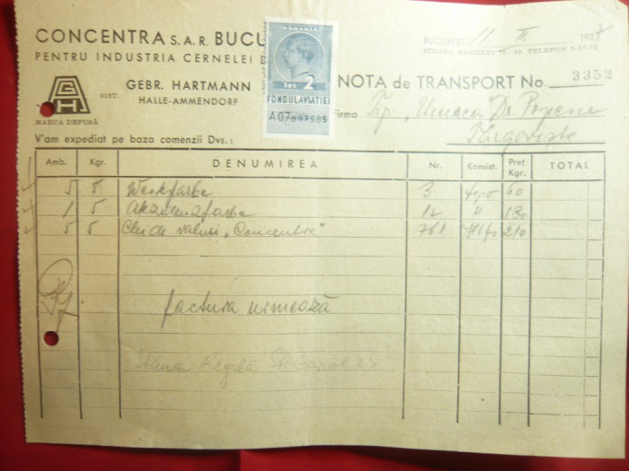 Nota de transport cu Antet Concentra Bucuresti 1937 - pt. ind. cernelei ,timbru