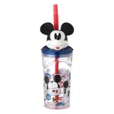 Pahar cu capac si pai pentru bauturi,Mickey Mouse 3D,plastic,transparent,360 ml