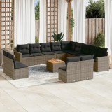 Set Mobilier Gradina vidaXL, 14 Piese, Poliratan Gri, cu Perne, Depozitare, Huse Lavabile, Modular