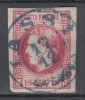 ROMANIA 1868 LP 24 CAROL I CU FAVORITI 18 BANI ROZ CARMIN INCHIS STAMPILA AGRAFA IASI TUS ALBASTRU, Stampilat