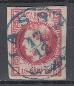 ROMANIA 1868 LP 24 CAROL I CU FAVORITI 18 BANI ROZ CARMIN INCHIS STAMPILA AGRAFA IASI TUS ALBASTRU foto