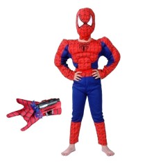 Set costum clasic Spiderman cu muschi, rosu si manusa cu ventuze, 7-9 ani, 120-130 cm