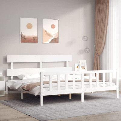 vidaXL Cadru de pat cu tăblie Super King Size, alb, lemn masiv foto