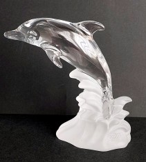 Delfin - sculptura originala in sticla transparenta cu baza mata, semnata monograma