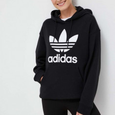 adidas Originals hanorac de bumbac femei, culoarea negru, cu glugă, cu imprimeu