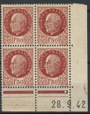 Franța (Regimul de la Vichy) 1942 - Bloc de 4 Timbre cu Margine de Cocoală și Dată de Tipar &bdquo;Mareșalul P&eacute;tain / 1F50 / 28.9.42&rdquo; -KV1
