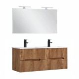 Set mobilier baie Leziter Trent 120 cu lavoar dublu si oglinda, 120 cm, stejar