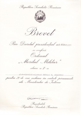 AMS# - BREVET ORDINUL MERITUL MILITAR CL. II, 1979 foto