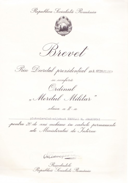 AMS# - BREVET ORDINUL MERITUL MILITAR CL. II, 1979