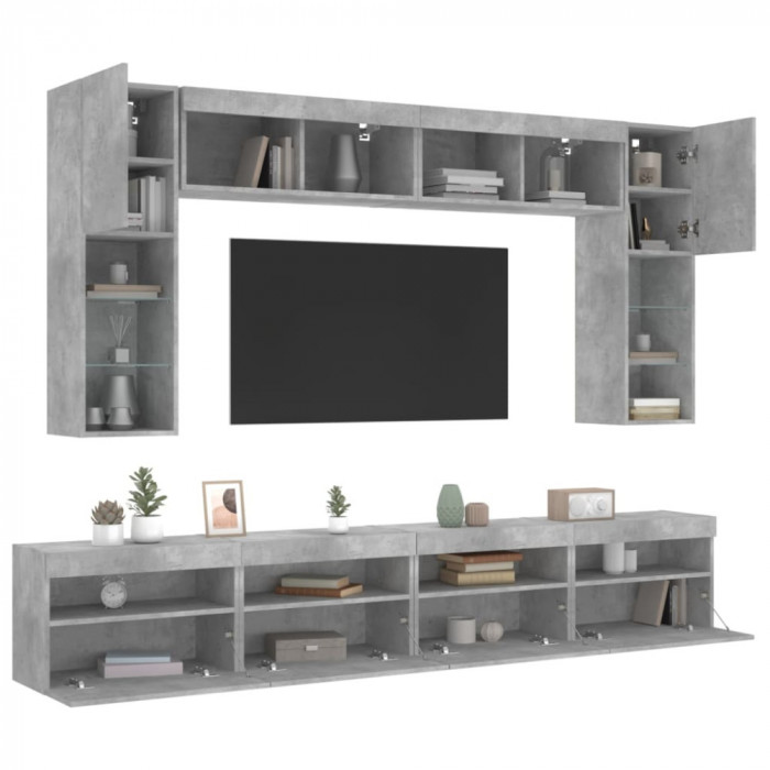 vidaXL Set comode TV de perete cu lumini LED, 8 piese, gri beton