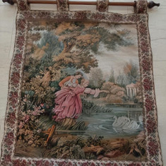 Superbă tapiserie antica franceza lucrata manual scena galanta