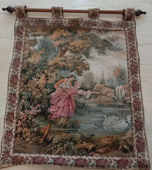 Superbă tapiserie antica franceza lucrata manual scena galanta