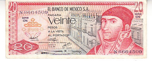 B11 2 - Bancnota foarte veche - Mexic - 20 pesos - 1976