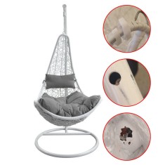 Fotoliu suspendat din ratan sintetic, cadru alb din otel zincat, inaltime 195 cm, perne gri, maxim 120 kg, RESIGILAT