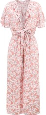 ivimos Salopeta de vara pentru femei, bumbac, cu decolteu adanc in V, maneci scurte, cu volane, cu imprimeu floral, pantalon boho, salopeta roz mic foto