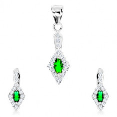 Set din argint 925, pandantiv si cercei, oval verde, margine in forma de diamant foto