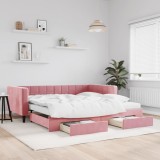 Pat de zi extensibil vidaXL, 100x200 cm, catifea roz, cu 2 sertare si 2 saltele spuma