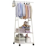 Raft pentru haine si incaltaminte, din otel inoxidabil, cu roti pentru transport, cu carlige pentru agatat, alb