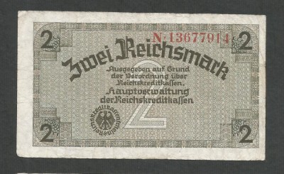 GERMANIA NAZISTA 2 MARCI REICHSMARK 1940 [7] P- 137b , 8 cifre , Litera N , VF foto