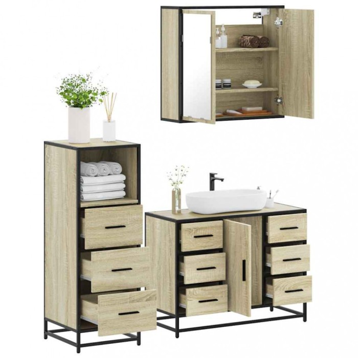 vidaXL Set mobilier de baie, 3 piese, stejar sonoma, lemn prelucrat 3301021